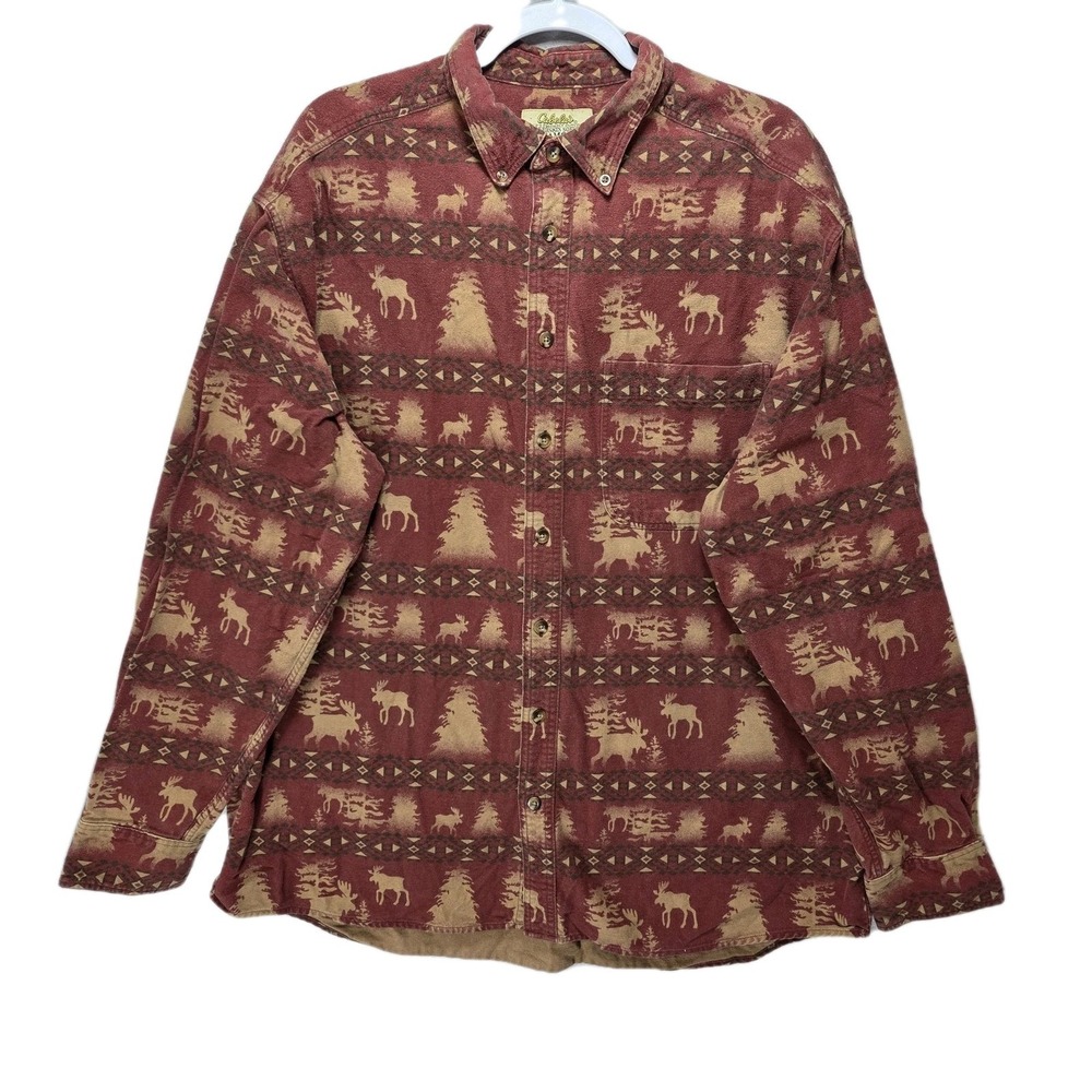 Cabelas Deerskin Soft Chamois Flannel Shirt Mens XLT Moose Evergreen‎ Aztec Elk